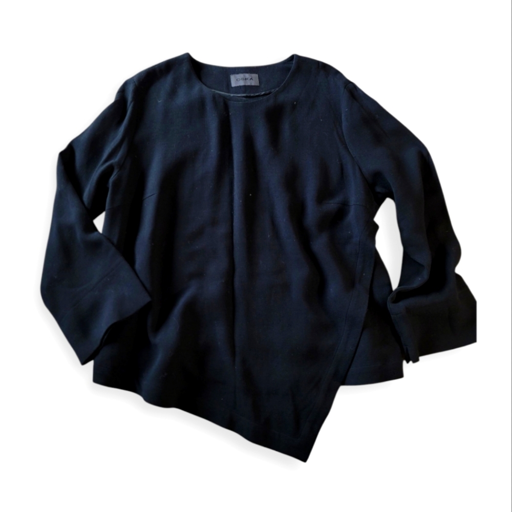 OSKA Black Light Wool Viscose Blend Asymetrical Overlay Top Long Wider Sleeve
